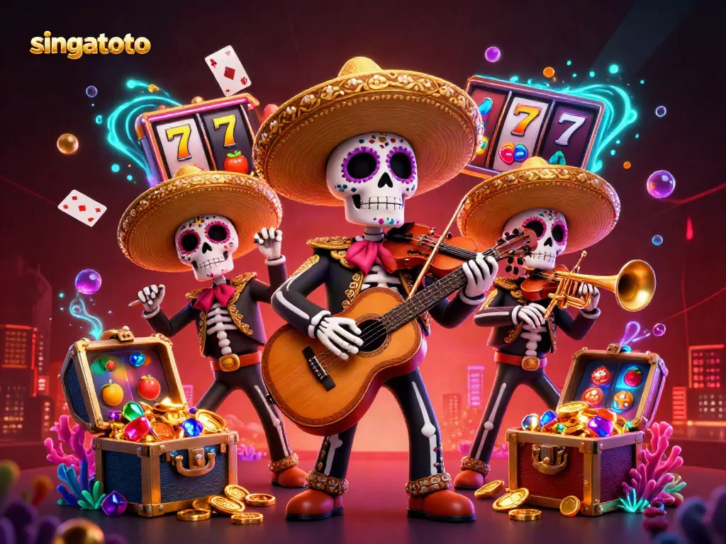 Experience the vibrant atmosphere of singatoto casino games with lively mariachi skeletons and dynamic slot elements.