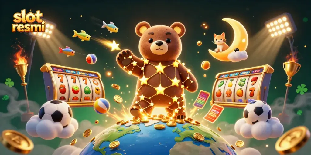 Experience thrills with slot resmi as golden stars collect coins in this vibrant casino scene.