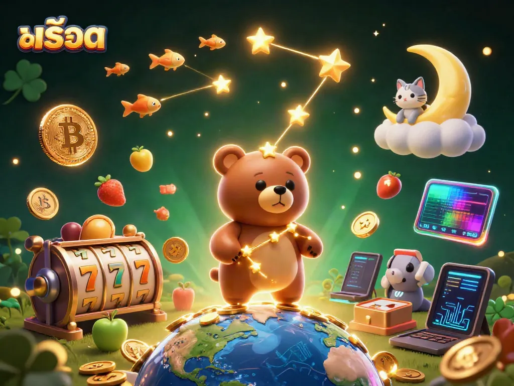 Spin the สล็อต reels with golden star characters, jackpot counters, and crypto coins in a vibrant casino scene.