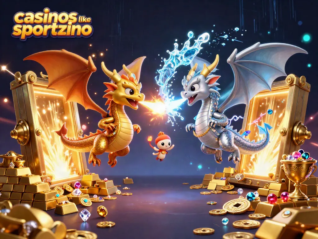Experience the magic of casinos like Sportzino with dragons and treasure in a vibrant 3D illustration.