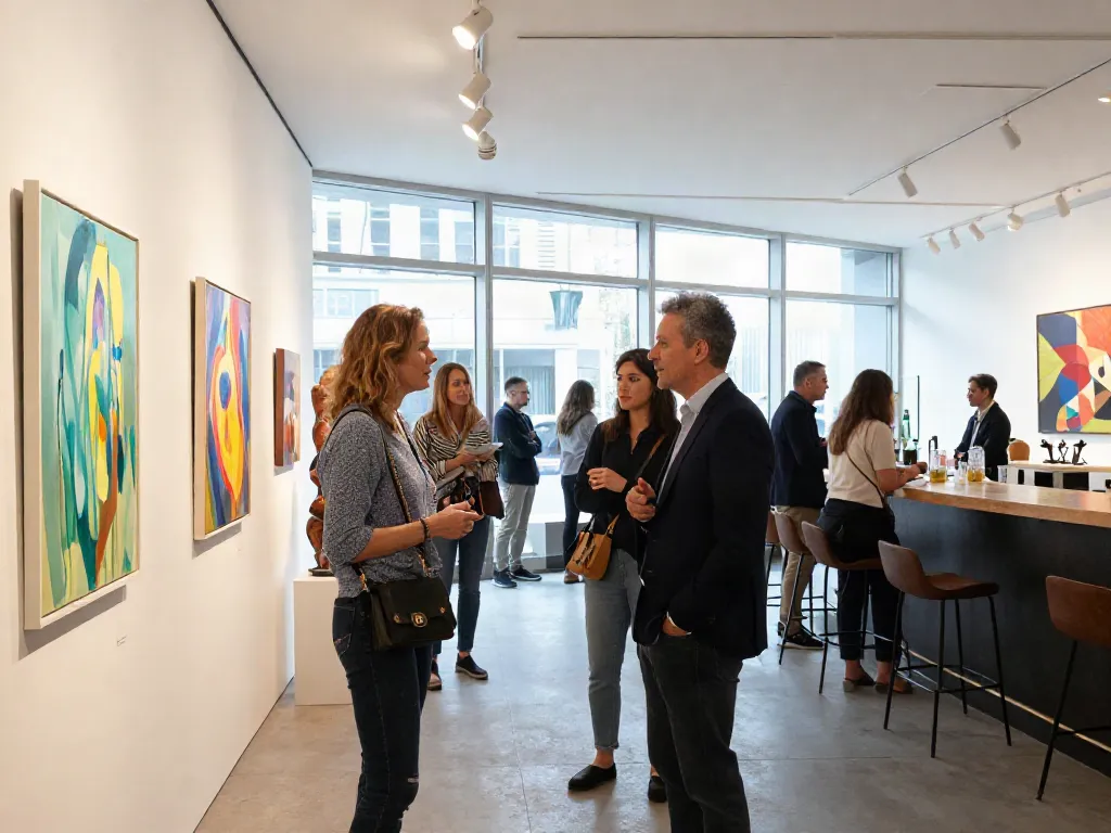 Bruce Bailey Toronto engaging with artists in a vibrant contemporary art gallery showcasing his support for the Canadian art scene.