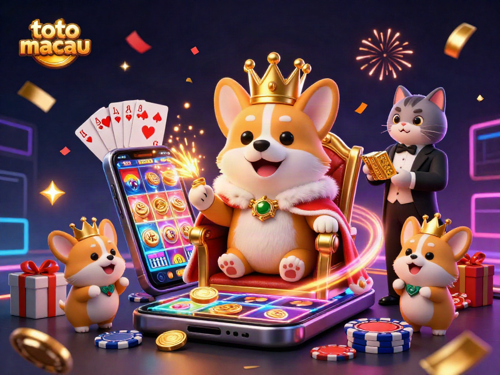 Menangkan kartu emas dan bermain di toto macau dengan karakter corgi kerajaan dan elemen kasino.