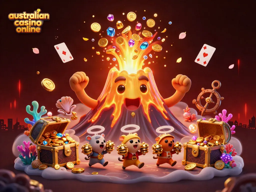 Experience the excitement of australian casino online with a dynamic digital illustration showcasing a golden volcano and treasure.