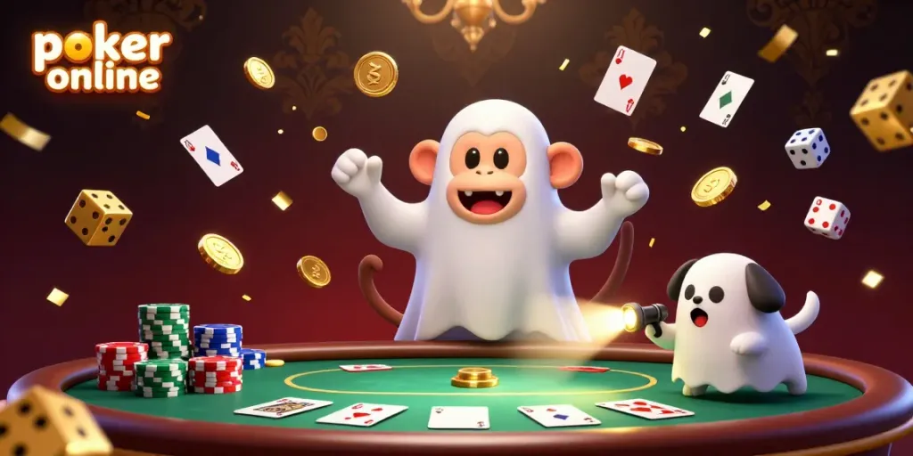 Engage in poker online with a lively scene of a poltergeist monkey juggling golden chips and a curious puppy tracking it.