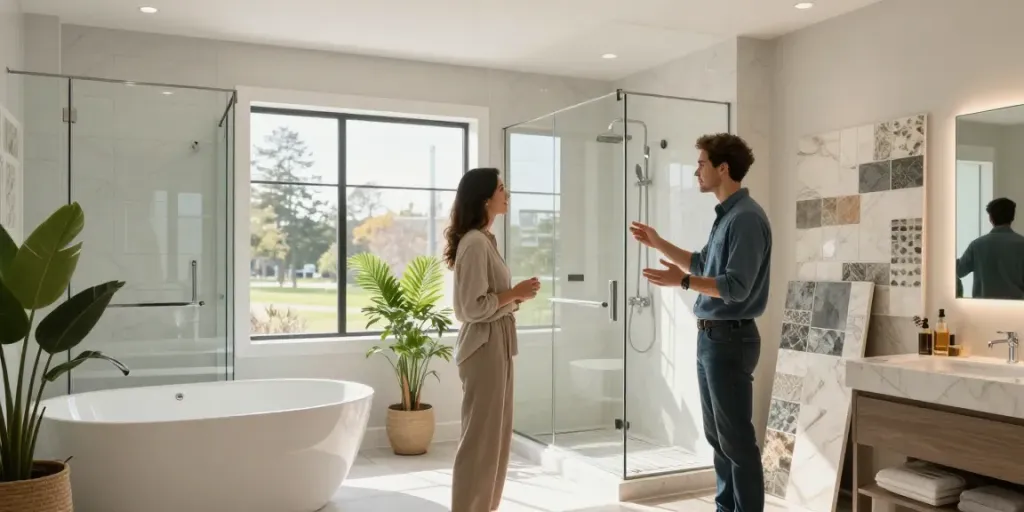 Stunning Bellevue bathroom remodeling scene showcasing a modern design with walk-in shower and elegant fixtures.