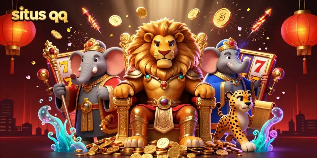 Engage with the thrilling world of situs qq featuring a lion king on a golden coin throne, flanked by an elephant and cheetah in a casino setting.