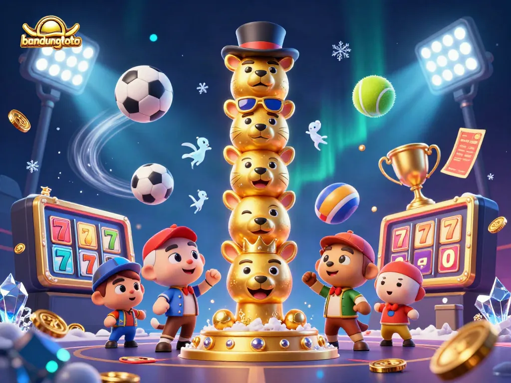 Engage with bandungtoto's vibrant 3D casino-themed illustration featuring golden totem pole and dynamic sports elements.