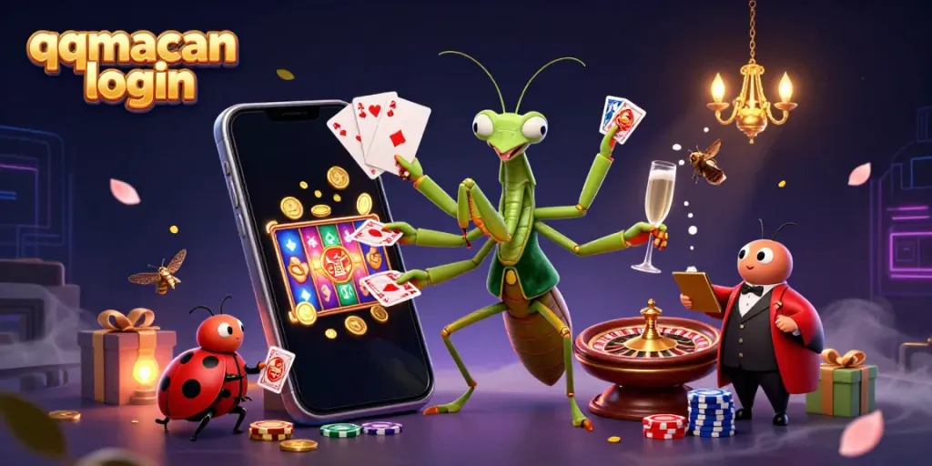 Experience the excitement of gambling with qqmacan login as a giant cartoon praying mantis and ladybug pit boss in a vibrant casino scene.