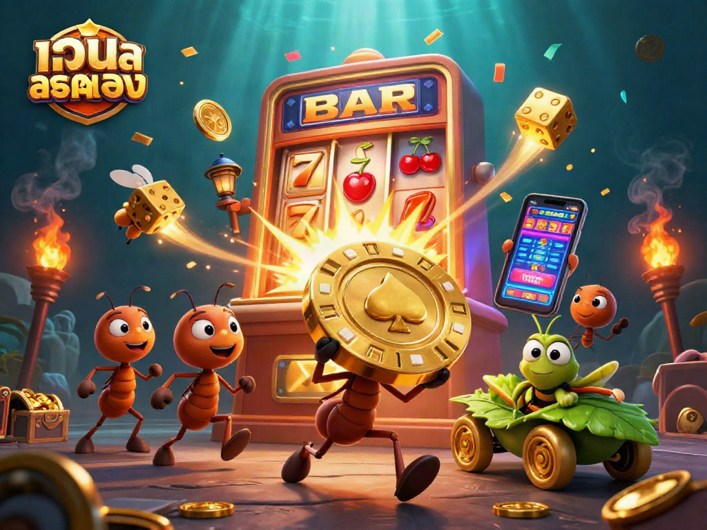 Engage with เว็บสล็อตตรง as a team of heroic ants carry a giant poker chip through a vibrant, casino-themed tunnel.