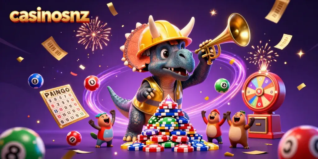 Engage with casinosnz in a lively 3D illustration of dinosaurs celebrating at a vibrant casino scene.