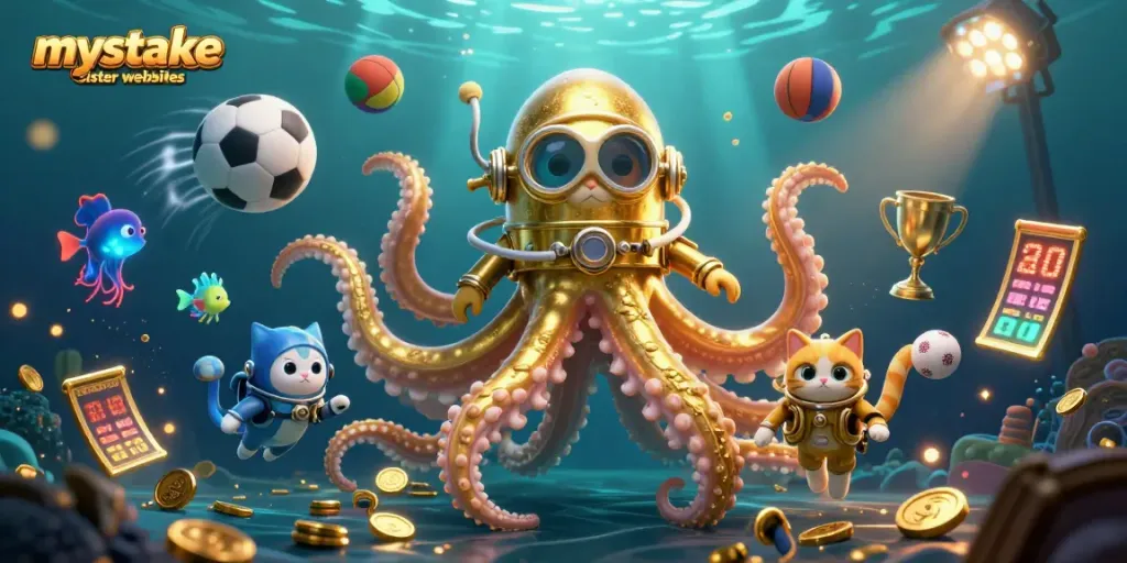 Explore the mystake sister websites with our vibrant 3D underwater casino illustration featuring gold and sports elements.