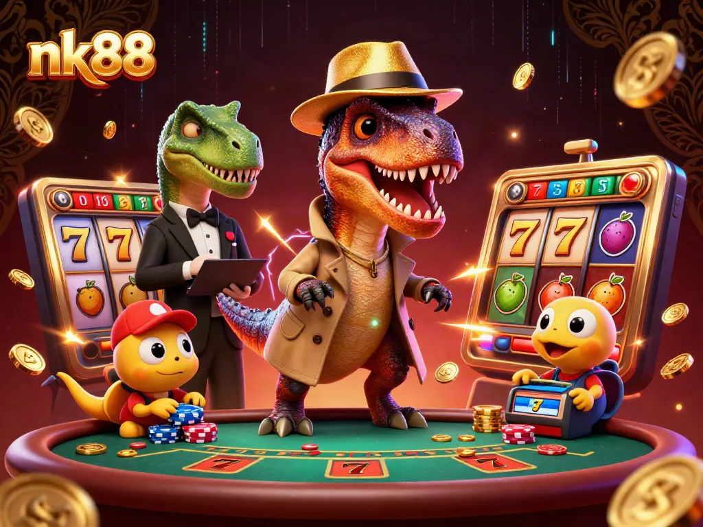 Experience thrilling casino excitement with nk88 as a velociraptor card counter sneaks chips at a blackjack table.