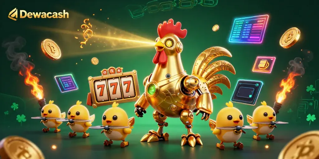 Dewacash presents a vibrant scene with a golden rooster robot and slot machines, showcasing casino excitement.