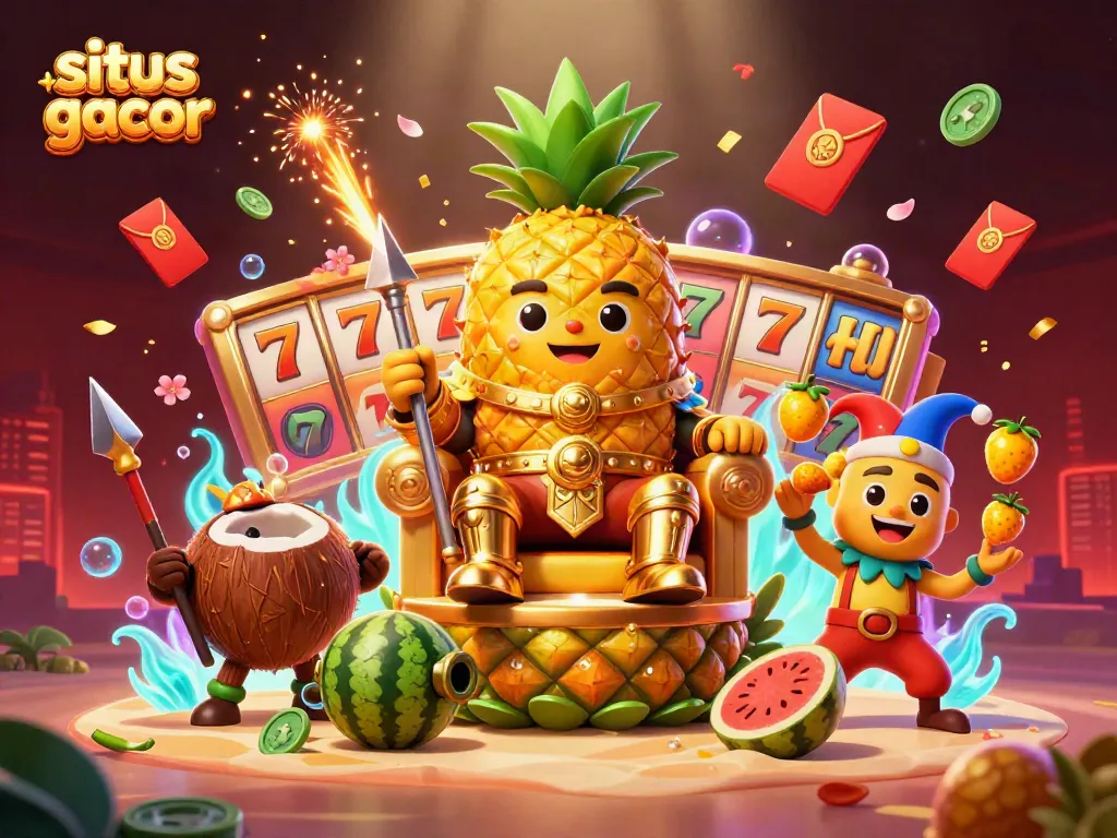 Experience the excitement of situs slot gacor with a vibrant 3D casino scene featuring a golden pineapple king and dynamic elements.