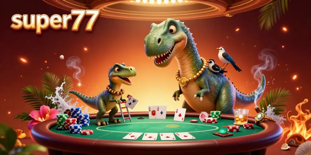 Experience the thrill of super77 with a dynamic casino scene featuring a giant brontosaurus and clever raptor dealing cards.