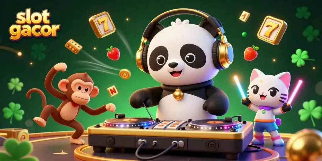 Experience the thrill of slot gacor as DJ panda spins vibrant reels amidst elements of fortune.