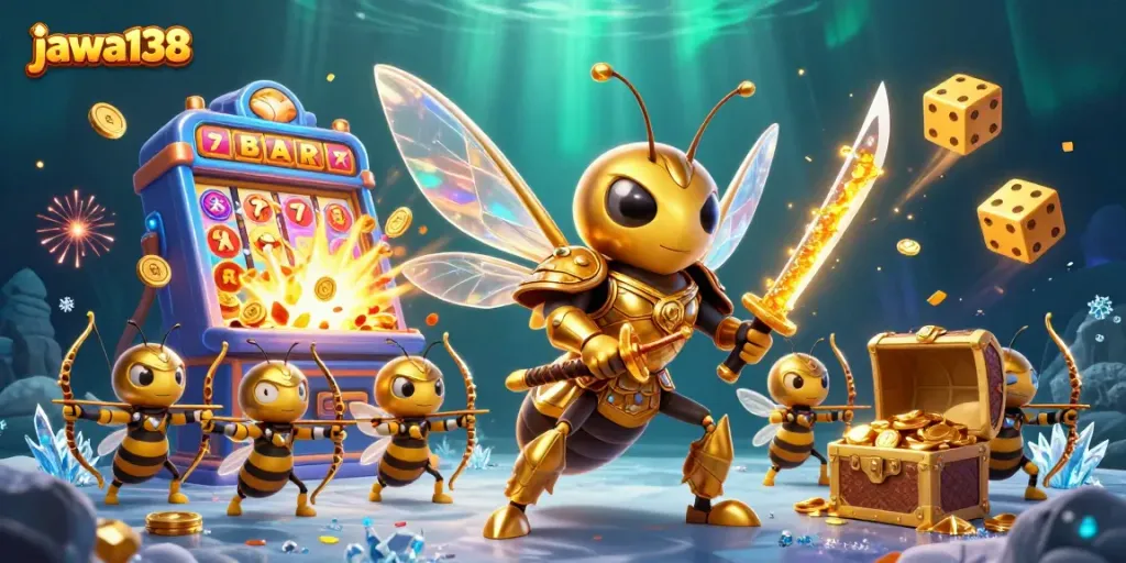 Win big with jawa138 in this vibrant casino scene full of slot machines and prizes.