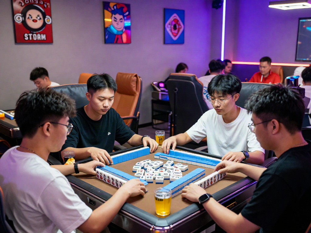 Players enjoying a competitive game of MAHJONGJP88 Official in a vibrant gaming lounge.