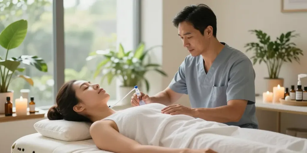 NAD+ peptide infusion therapy in a tranquil wellness retreat.