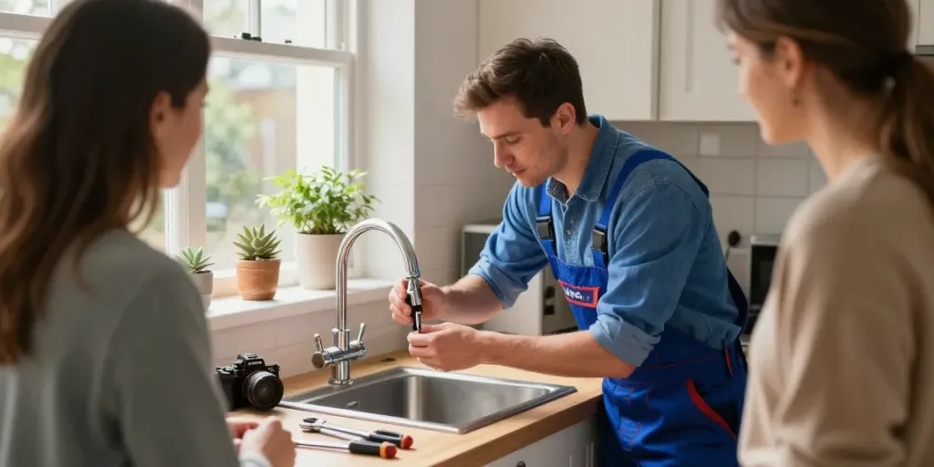 WeFix London plumber repairing a faucet in a cozy kitchen, showcasing skilled plumbing services.