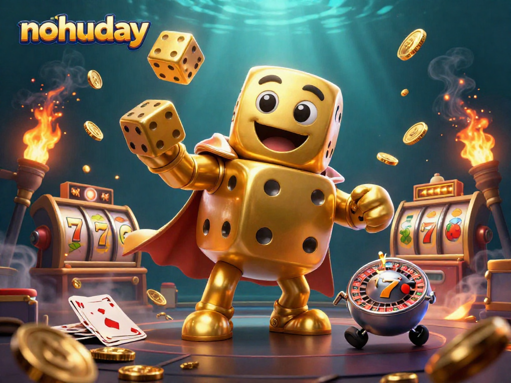 Nohuday showcases a golden dice golem juggling smaller dice, surrounded by vibrant slot game elements.