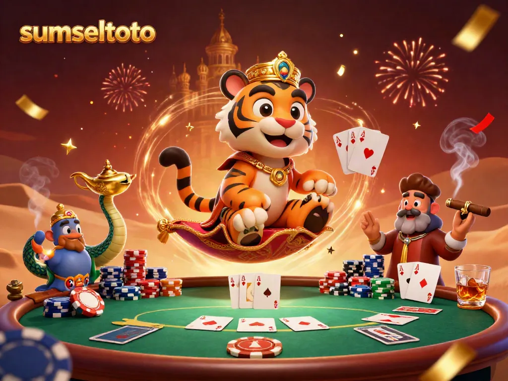 Experience the excitement of sumseltoto with a vibrant 3D casino scene full of colorful poker elements and characters.