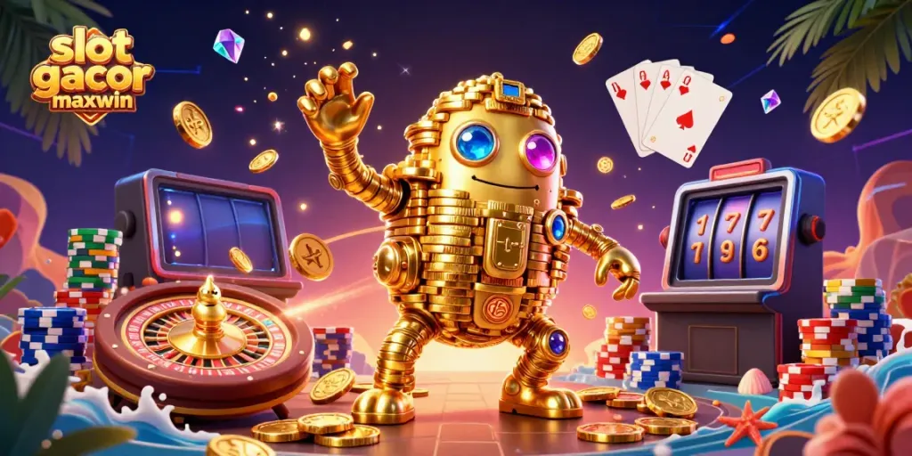 Engage with slot gacor maxwin theme featuring dynamic 3D golden golem and vibrant casino elements.