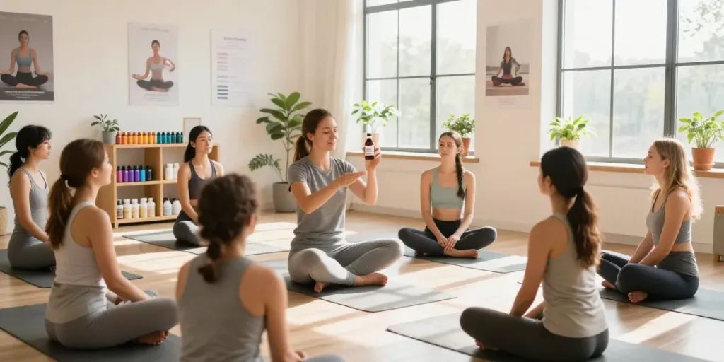 Wellness coach sharing insights on glutathione peptide benefits with clients in a bright studio