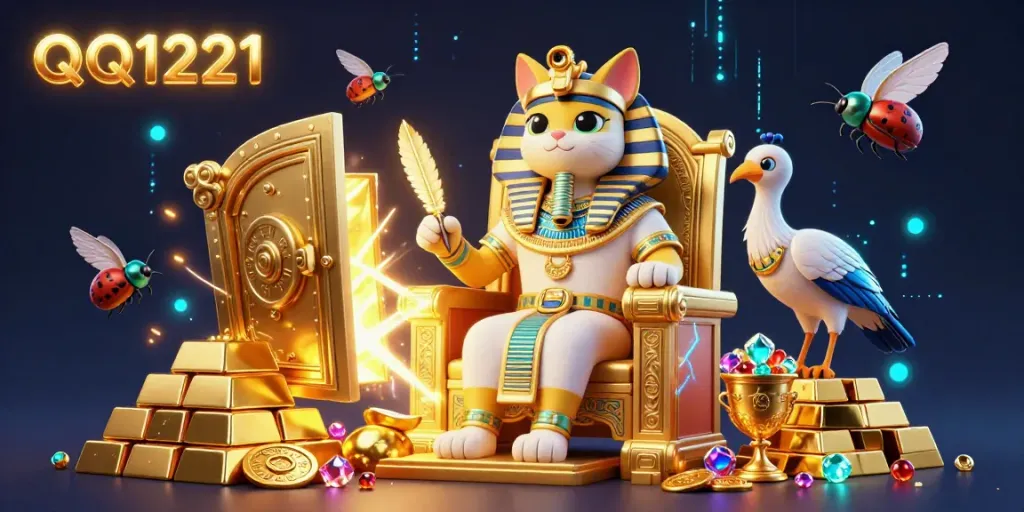 Experience winning excitement at QQ1221 with a vibrant 3D illustration of casino treasure and royal Egyptian theme.
