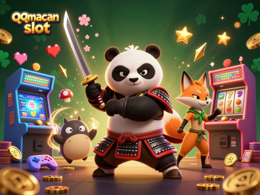 Engage with the qqmacan slot experience featuring samurai panda, ninja fox, and spirit tanuki in vibrant 3D illustration.