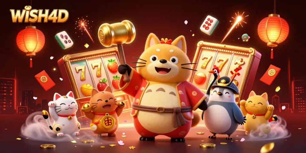 Join the excitement at WISH4D with vibrant slots, festive characters, and dynamic game elements.