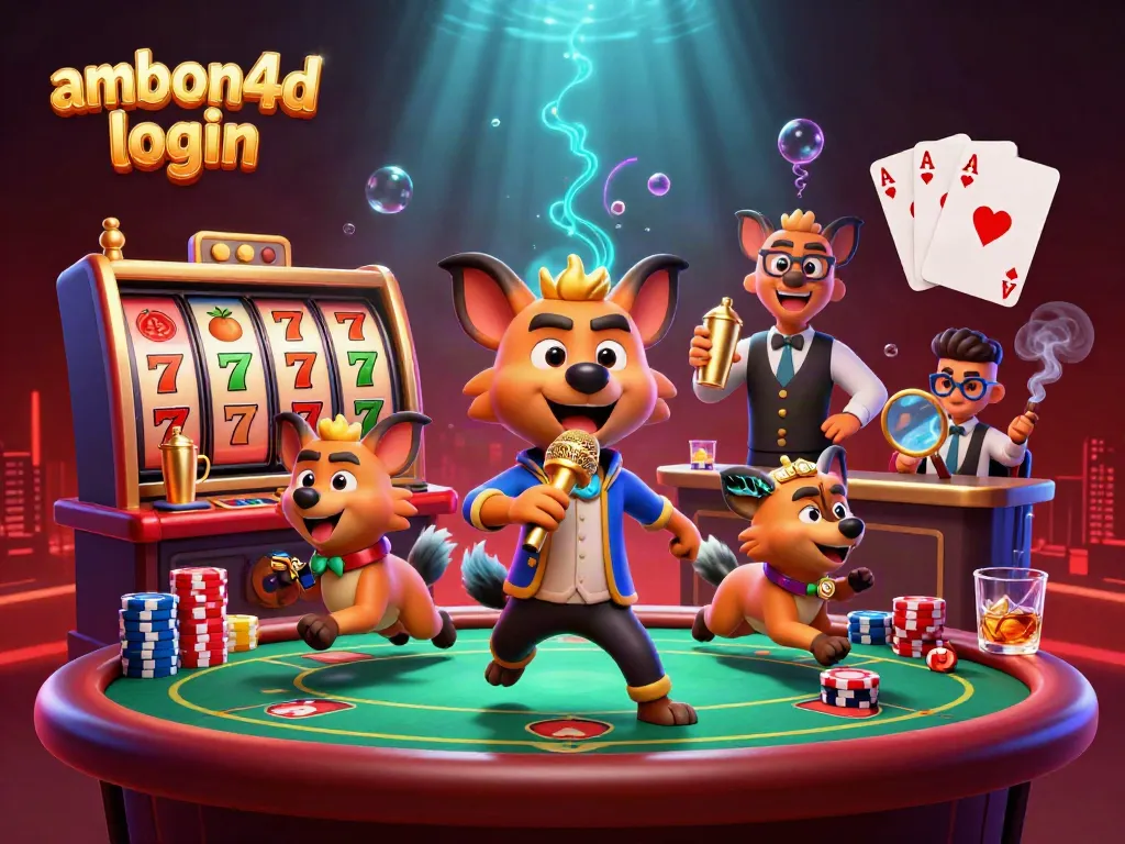 Experience the fun at ambon4d login with a lively casino scene featuring entertaining hyenas!