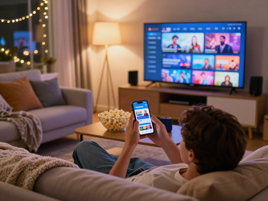 Pikashow apk download interface displayed on smartphone in cozy living room