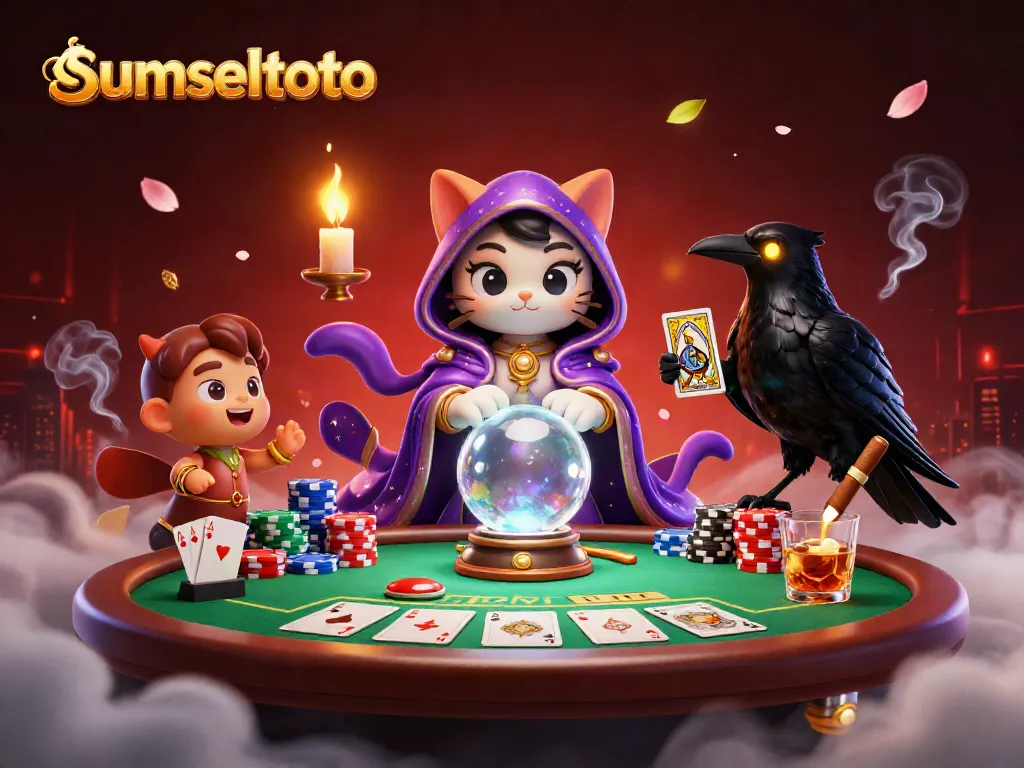 Engage with sumseltoto's vibrant poker scene featuring a mystic cat, a tarot raven, and rich casino elements.
