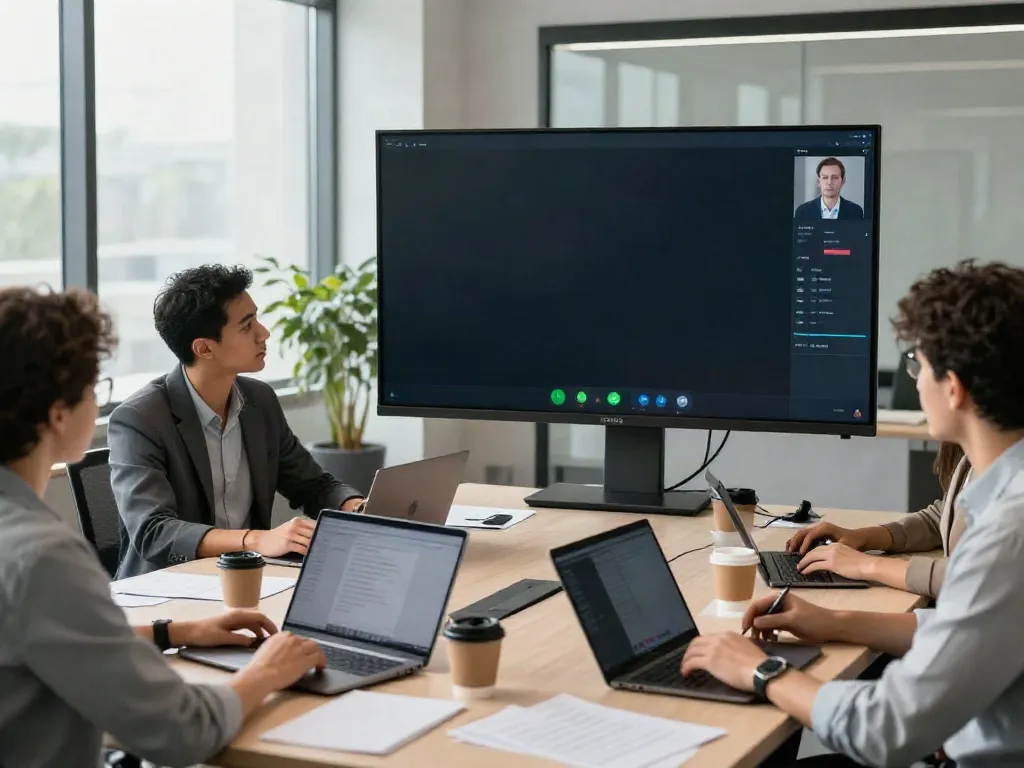 Team engaged in deepfake free meetings with detection software in a modern office.