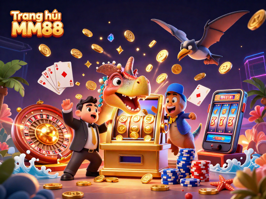 Experience thrilling action with Trang chủ MM88 as the cartoon dinosaur wins a jackpot at a vibrant casino.
