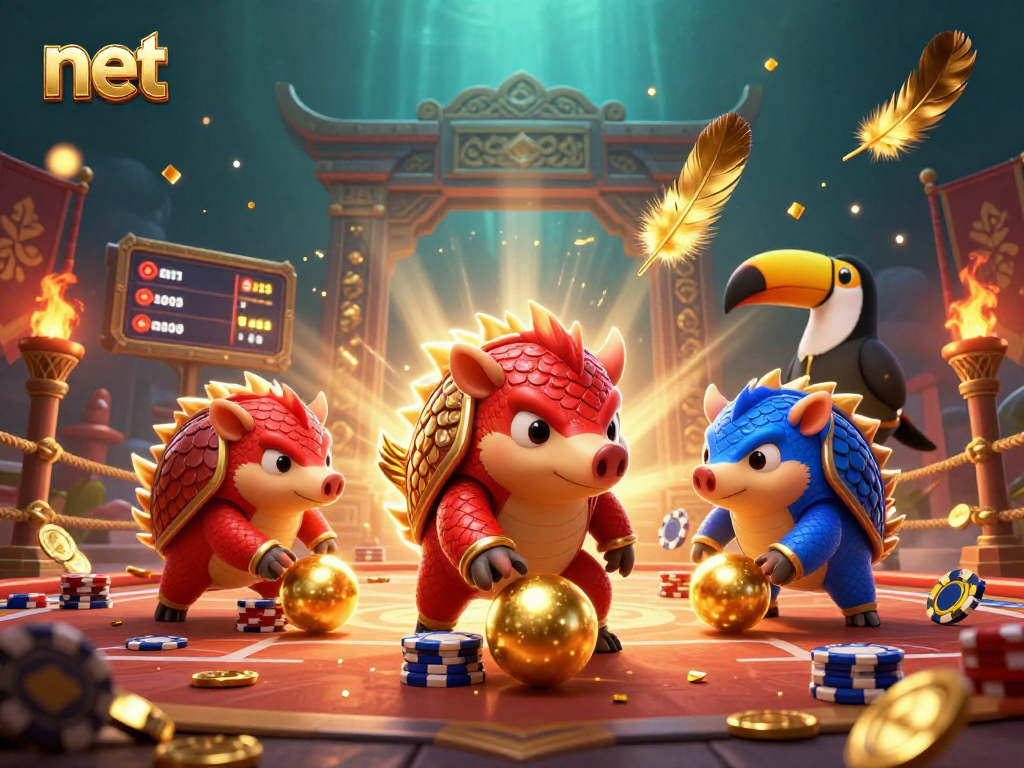 View the net-themed playful pangolins bowling through poker chips in a vibrant casino scene.
