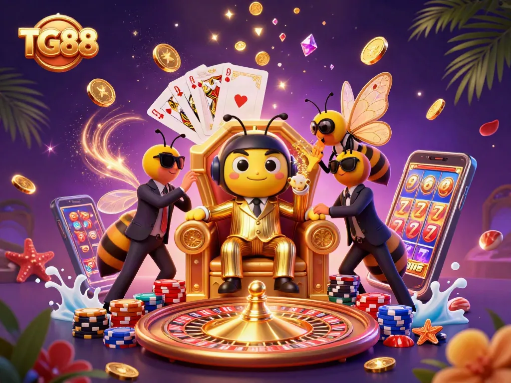 Experience the excitement with TG88 as the cartoon mob boss oversees a bustling casino scene filled with treasures.