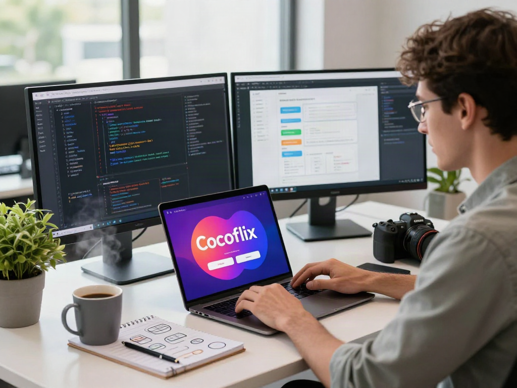 Cocoflix app on laptop in a modern workspace with code, vibrant interface, and active developer.