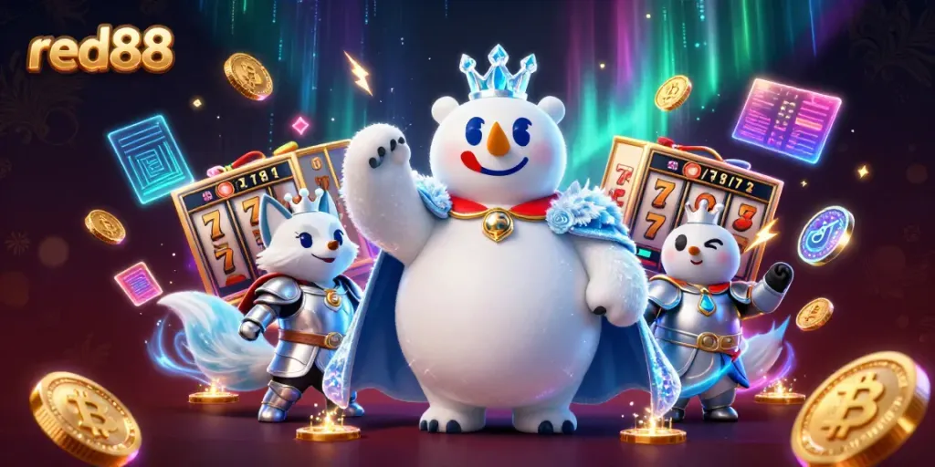 Experience thrilling entertainment at red88 with slot machines and vibrant characters in a dynamic casino scene.