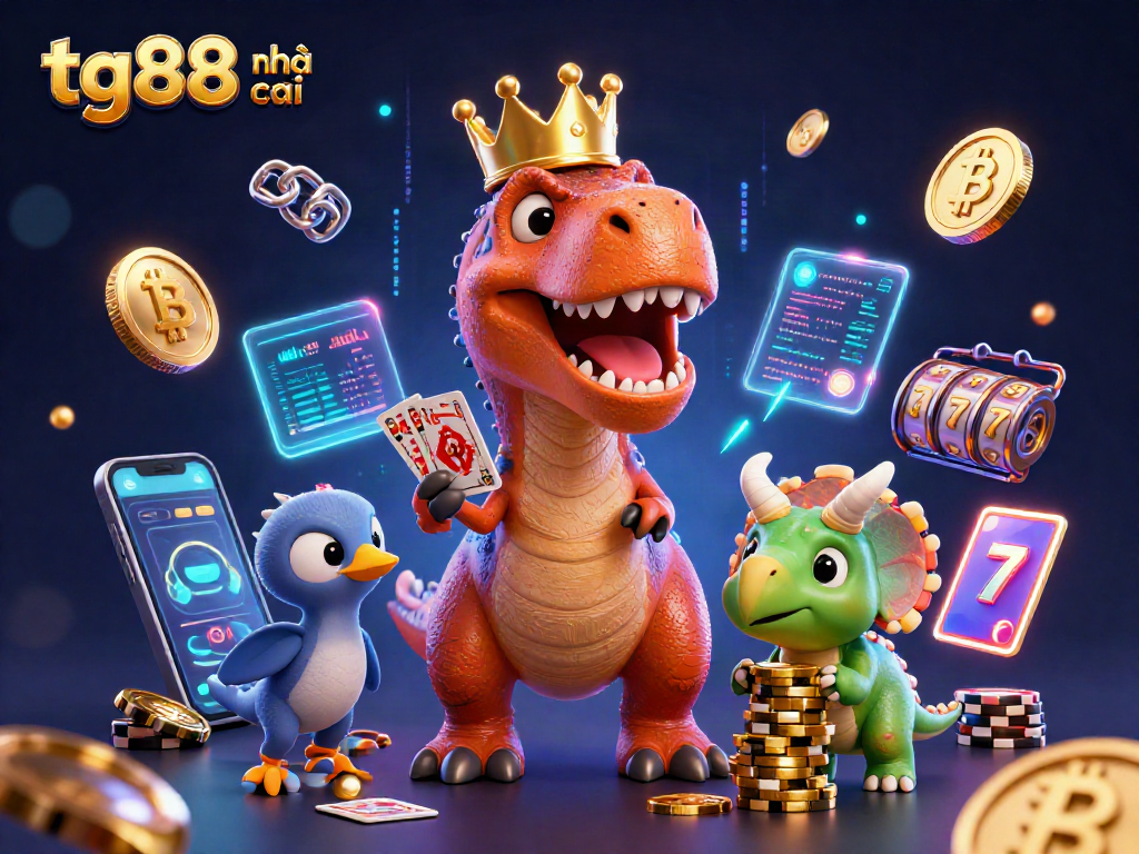 Engage with tg88 nhà cái's dynamic casino scene featuring a T-Rex card dealer, crypto elements, and vibrant visuals.