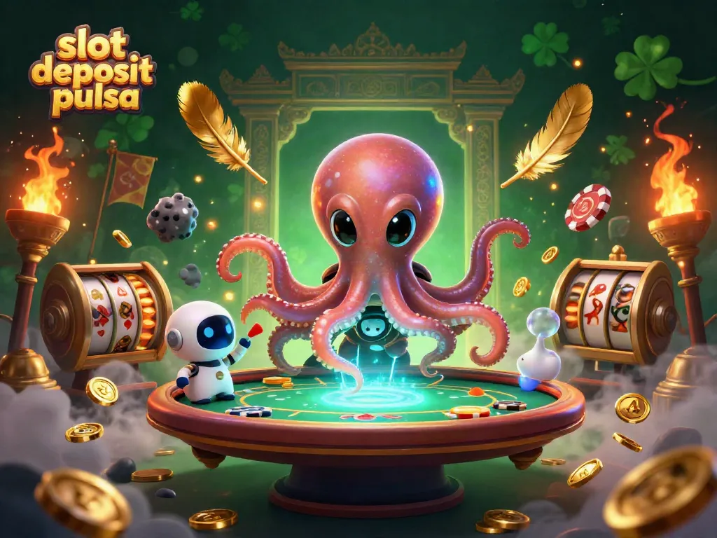 Engage in exciting slot deposit pulsa gaming with a vibrant alien octopus at a holographic poker table.