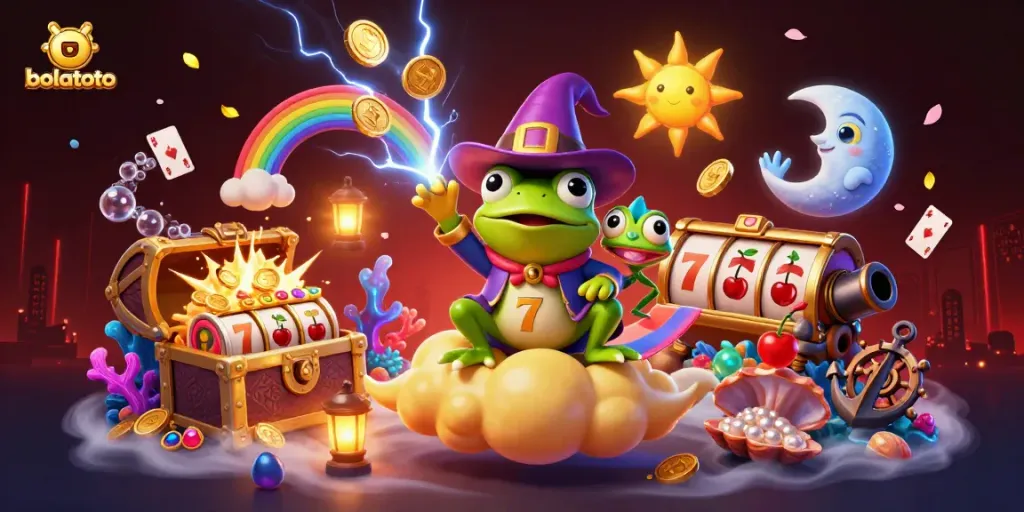 Experience bolatoto thrills with a weather wizard frog, chameleon, and gold coins in action.