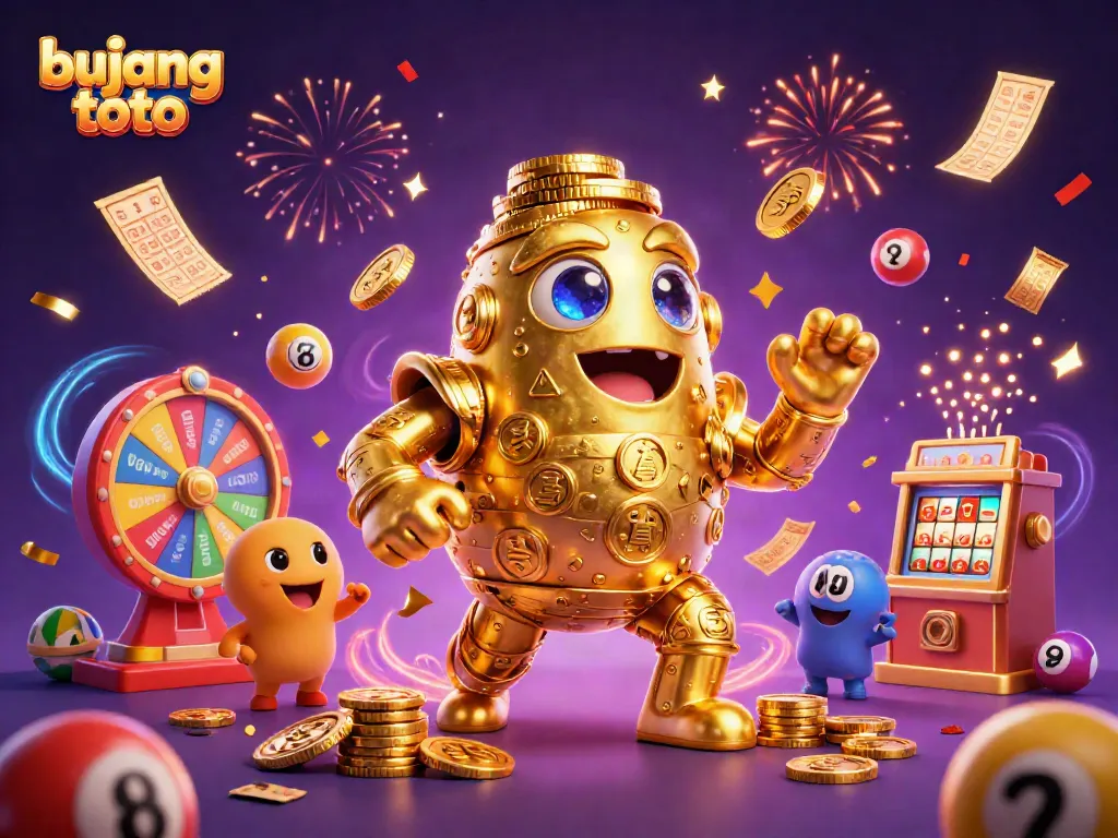 Spin the reels with bujang toto's golden golem in an exciting lottery scene with vibrant elements