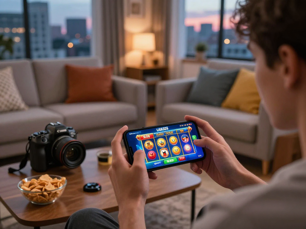 Aplikasi permainan slot digital LIGA335 di smartphone dalam suasana ruang tamu yang hangat.