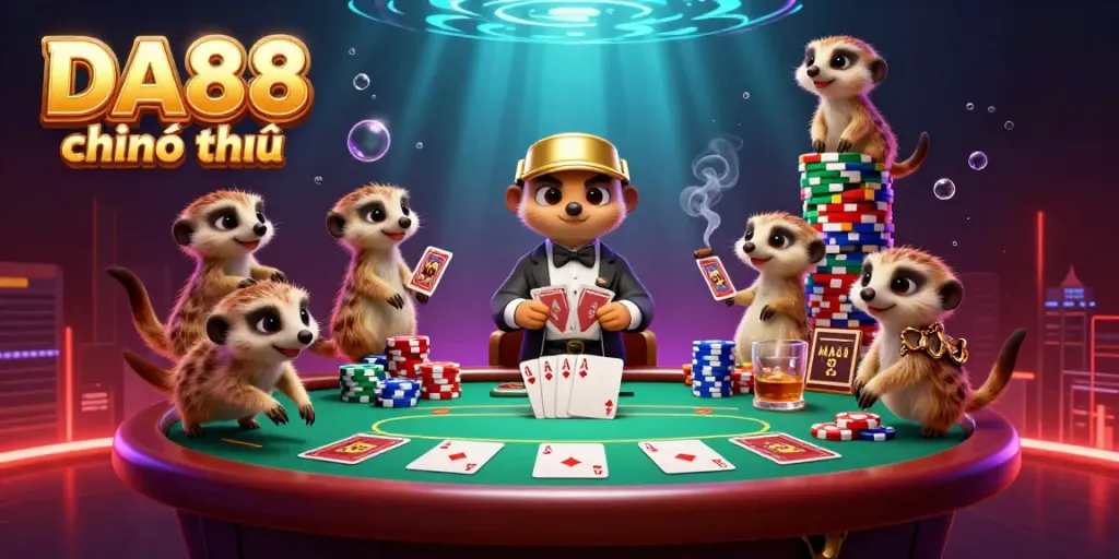 Experience the excitement of DA88 chính thức with a dynamic meerkat casino scene featuring card gamers and vibrant poker elements.