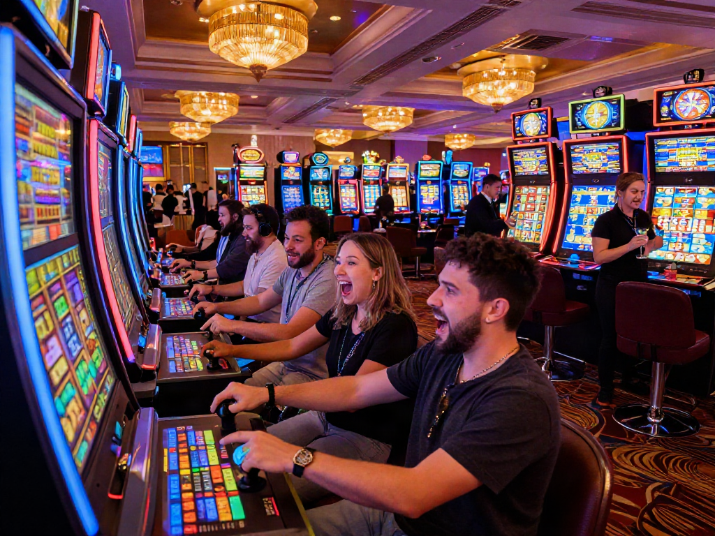 Excited friends enjoying situs slot qris at a vibrant casino, capturing the thrill of gaming.