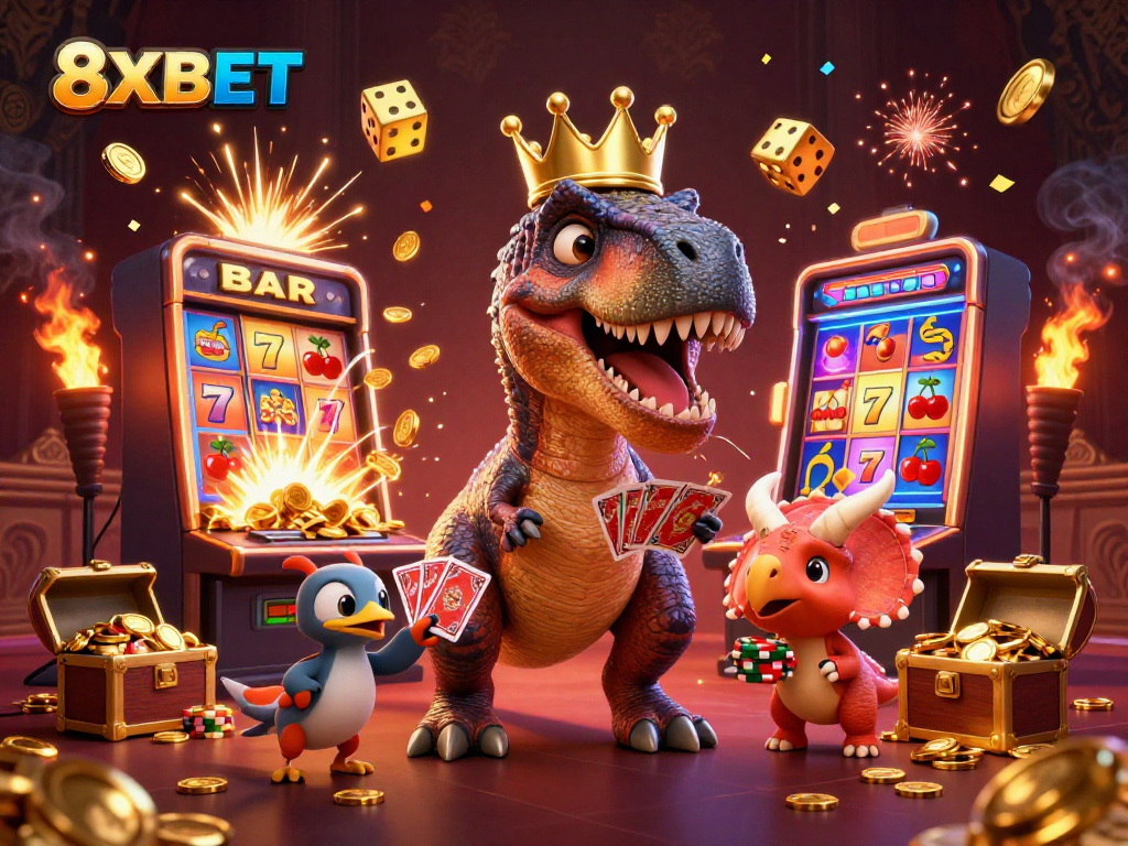 Experience the excitement of 8XBET with cartoon dinosaurs in a vibrant casino scene bursting with action and game elements.