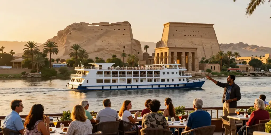 Luxor and Aswan Nile cruise featuring travelers relaxing on a luxurious ship with ancient temples in the background.
