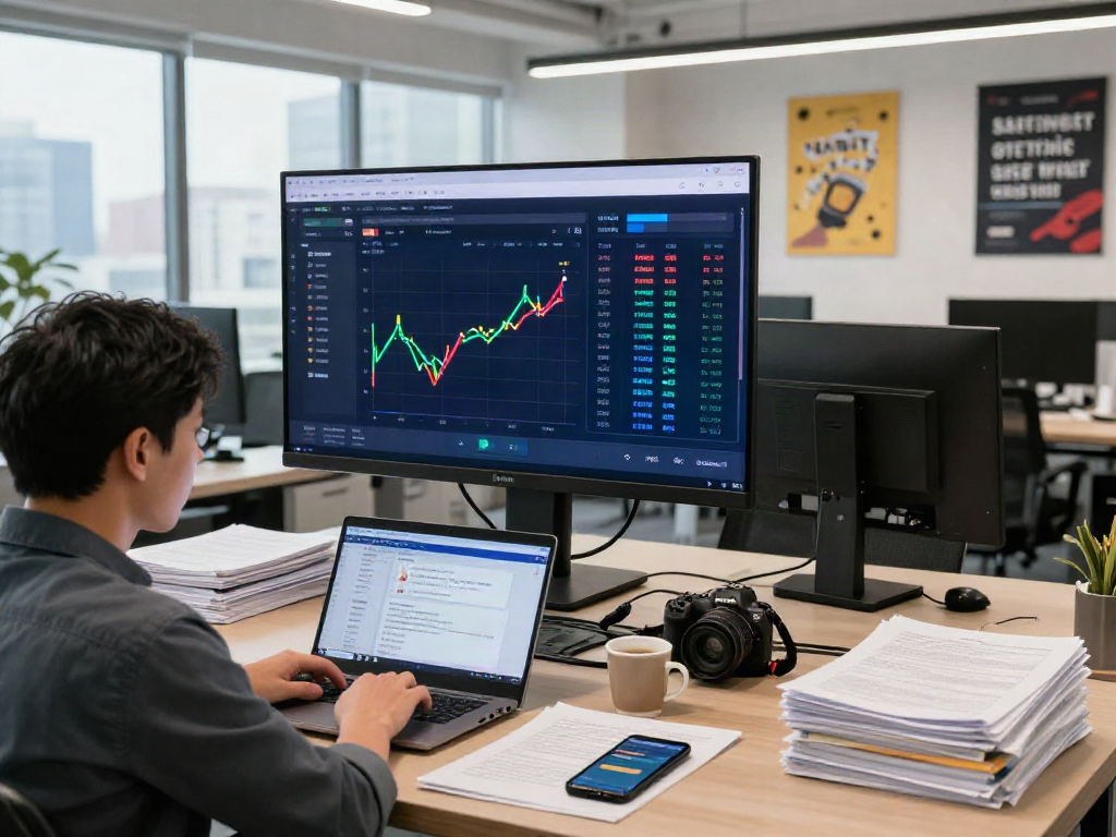 먹튀폴리스의 안전한 도박 검증 프로세스를 분석하는 모습의 사무실 사진